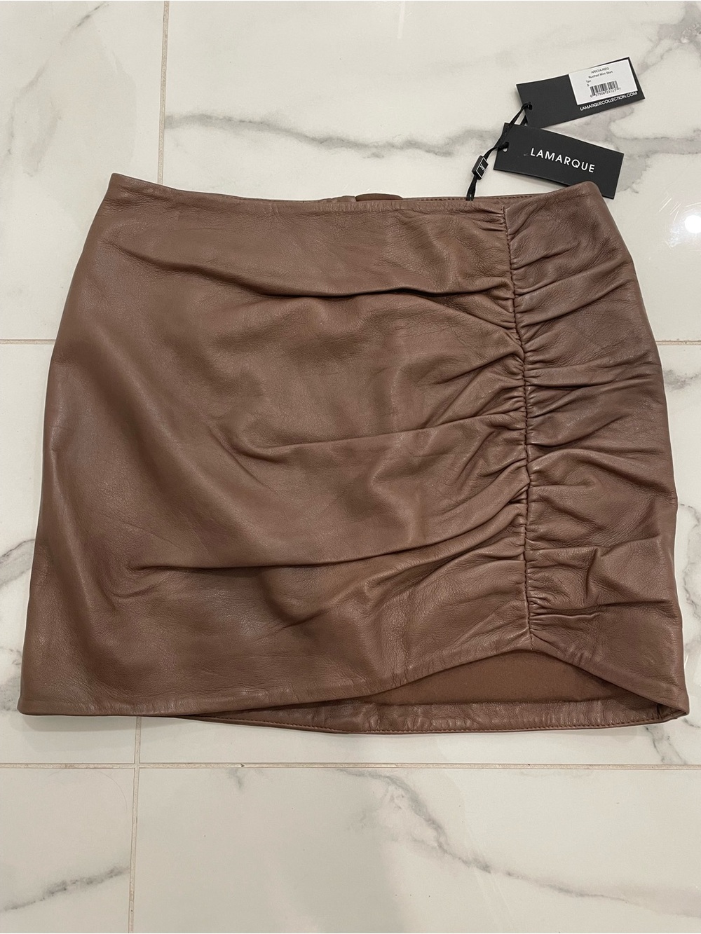 Lamarque Chocolate Brown Ruched 100% Lamb Leather Mini Skirt